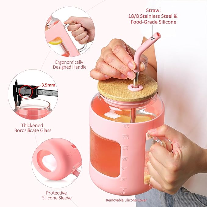 WINSA 50 oz Glass Water Bottles with Silicone Sleeve,Glass Tumbler with Lid and Straw,Iced Coffee Cup with Handle,BPA Free-Pink