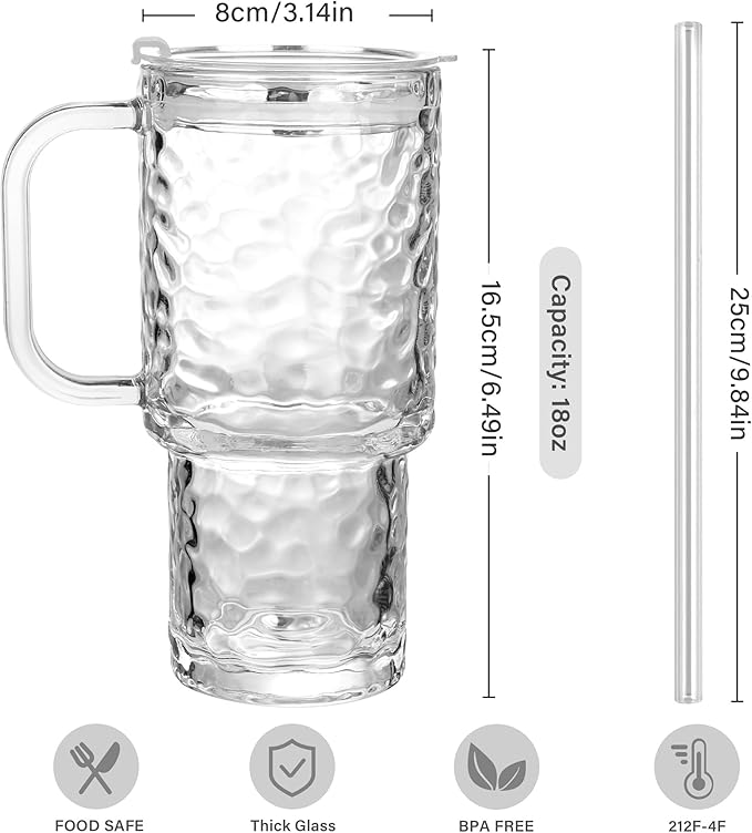 17oz Glass Tumbler with Handle & Lid – 2-Pack Iced Coffee Cups with Straws, Glass Mug for Cold & Hot Beverages Travel Cup for Smoothies, Tea, and Juice (clear-Glacial pattern-2pack)
