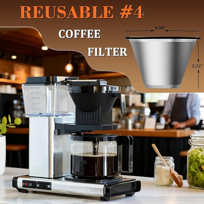 Reusable #4 Coffee Filter for Technivorm Moccamaster KBGV, KBT, Durable Metal Mesh, Stainless Steel #4 Coffee Filter, Durable Metal Mesh, for Richer, Fuller Coffee Flavour