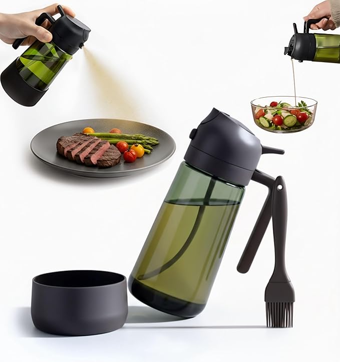 Oil Dipenser Bottle with Silicone Bottom And Silicone Brush, 2 in 1 Olive Oil Sprayer and Dispenser, Oil Spray Bottle 470ML/ 17OZ for Cooking, Kitchen, BBQ, Air Fryer, Salad, Baking