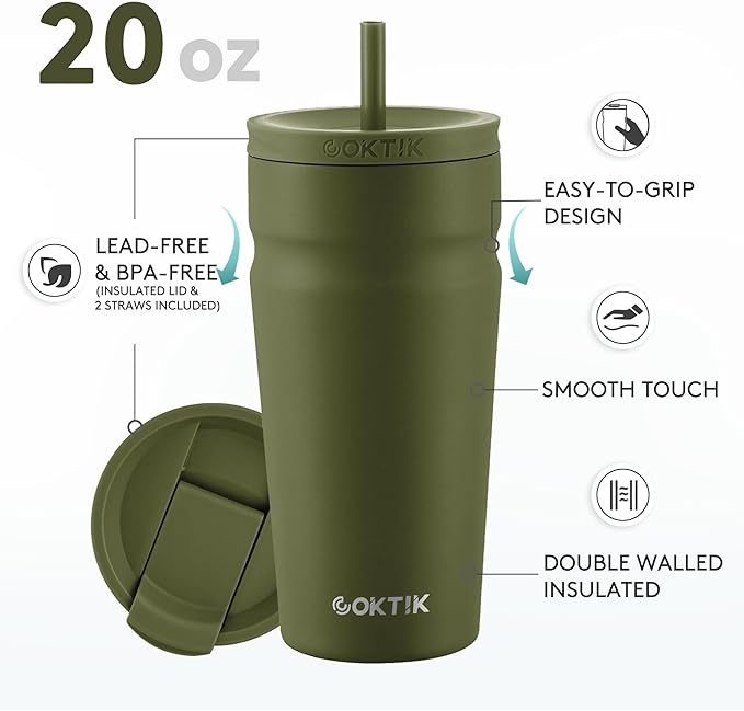 COKTIK 20oz Insulated Tumbler with Lid and Straw Iced Coffee Cup Reusable Stainless Steel Travel Mug Water Bottle Cupholder Friendly for Women Men Her Him (Olive)