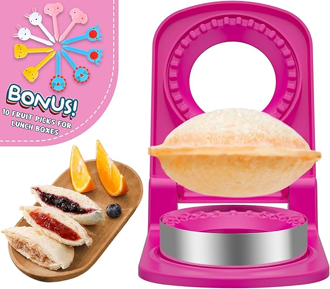 HiYZ Sandwich Cutter and Sealer - Stainless Steel Decruster Sandwich Maker - Peanut Butter and Jelly Crustless Sandwich Bread Pancake Maker Cookie Cutter for Kids Children Boys Girls-Pink Fruit Picks