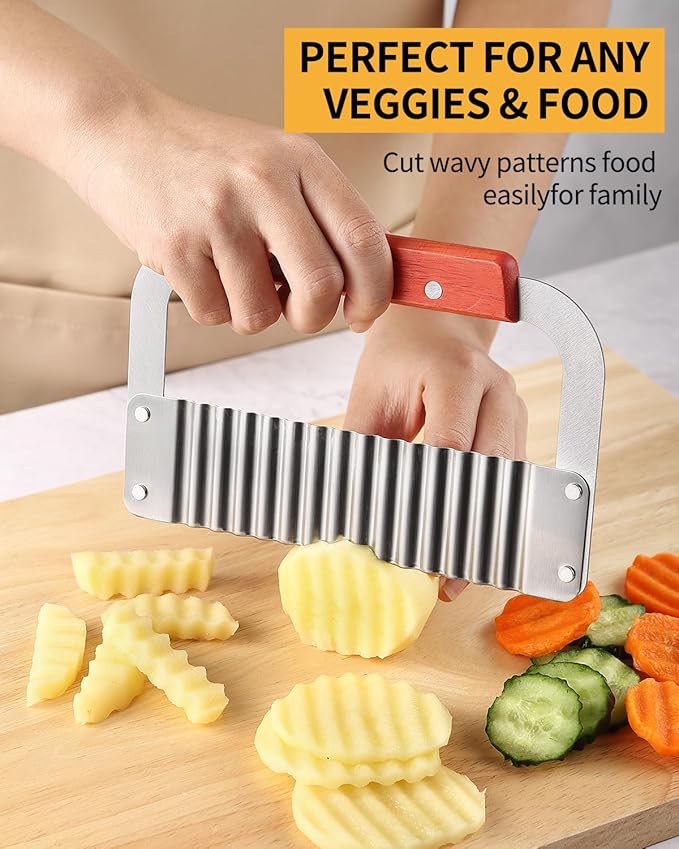 Crinkle Cutter Stainless Steel Potato Slicer Heavy Duty Wavy Crinkle Cutting Chopping French Fry Slicer 2 Pack Tools with Wooden Handle for Carrot Vegetable (Wood, 2)