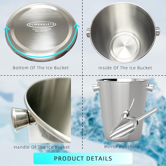Champagne Bucket With Ice Scoop,Stainless Steel Wine Bucket For Bar,large Ice Buckets For Parties, Wine Chiller With Handles 4 Quart