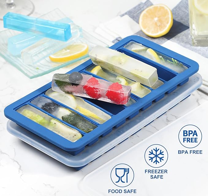 Koluti Nonstick Silicone 9 Ice Cubes Freezer Tray with Plastic Lid, 2-Pack Water Bottle Long Narrow Stick Ice Cube Mold Maker, Ideal for Sport Bottles, Cocktail and Whisky, Dishwasher Safe & BPA Free