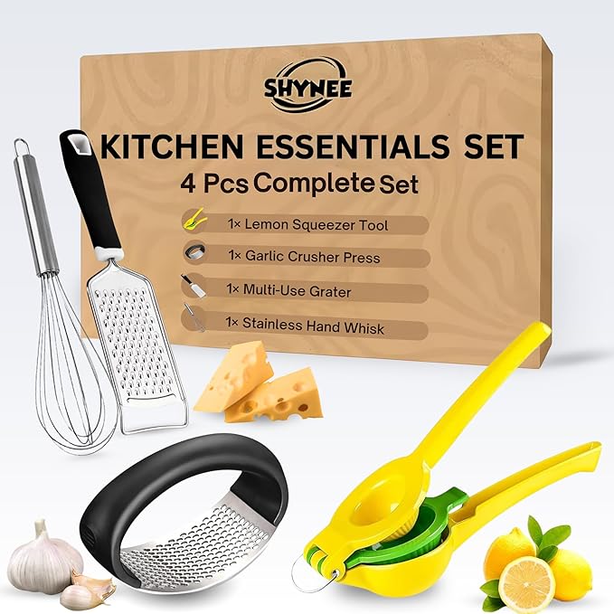 SHYNEE 4PCs Kitchen Essentials Kit – Lemon Squeezer, Garlic Press, Stainless Steel Whisk, Multi-Use Grater, Cheese Grater – Durable, Easy to Clean Cooking Tools Set for Everyday Meal Prep