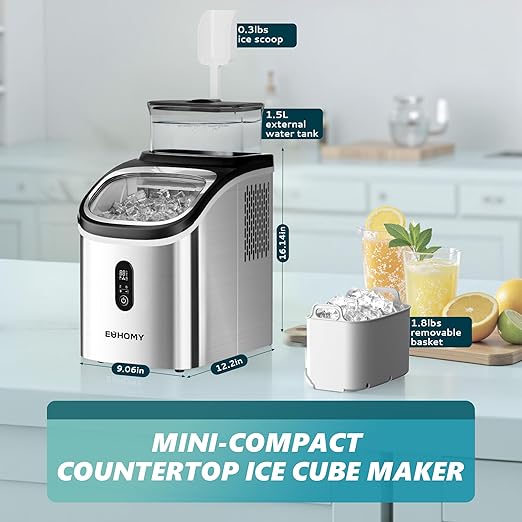 EUHOMY Ice Cube Maker Machine Countertop with External Water Tank, 2 Ways to Add Water, 34Lbs/Day, 16Pcs Ready in 7 Mins, Auto-Cleaning, with Ice Scoop & Basket, for Home/Kitchen/Office/Bar (Silver)