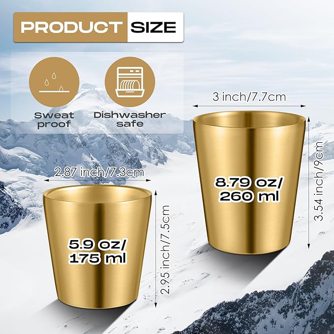Mimorou 8 Pack Stainless Steel Insulated Cup 8.8 oz Metal Tumbler Double Wall Vacuum Water Glasses Camping Reusable Mugs BBQ Home Office Party Coffee(Gold)