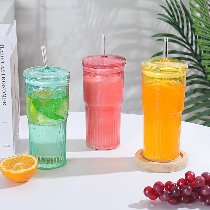 QWEZXO 20 OZ Glass Cup with Lids and Glass Straws, High Borosilicate Iced Coffee Glass Tumblers with Lid and Straw for Drinks, 2pcs Reusable Wide Mouth Smoothie Cup(Red)