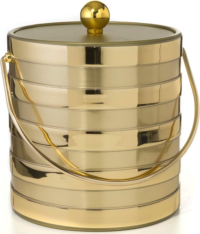 Made In USA Metallic Deco Collection Double Walled Insulated Ice Bucket With Ice Tongs (3-Quart, Gold Stripes)