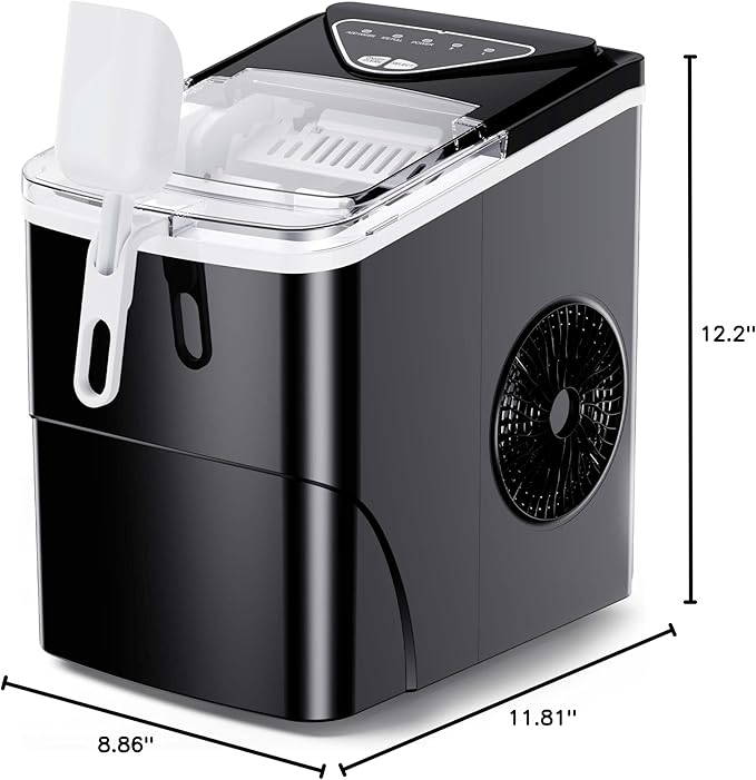 Silonn Countertop Ice Maker, 9 Ice Cubes in 6 Mins, 26 Lbs in 24 Hrs, Compact Ice Machine with Ice Basket & Scoop, 2 Ice Sizes, Self-Cleaning Ice Maker for Home/Party/Office/Bar/Dorm, Black