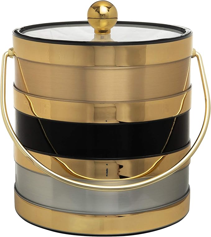 Made In USA Metallic Deco Collection Double Walled Insulated Ice Bucket With Ice Tongs (3-Quart, Gold With Black & Gray Stripes)