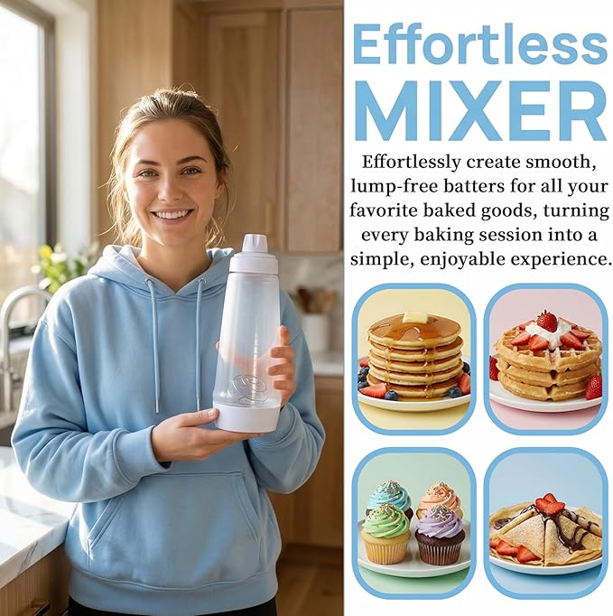Pancake Batter Dispenser with BlenderBall & Wire Whisk – Includes Silicone Spatula & Cleaning Brush –Can shake Protein Powder, Perfect for Pancakes, Waffles, Crepes & More Kitchen Baking Tool 2 Pack