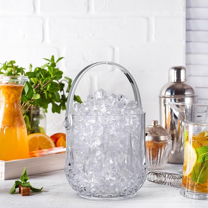 Operitacx Small Plastic Ice Bucket with Tongs and Handle Clear Portable Ice Cube Bucket 5.11 Height for Wine Beer Beverage Cooler and Party Use