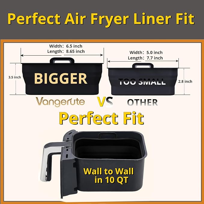 Collapsible 2-Pack Air Fryer Silicone Liners for 10QT NINJA Foodi Dual, Reusable Rectangular Silicone Basket Pot for Air Fryer Accessories (Black)