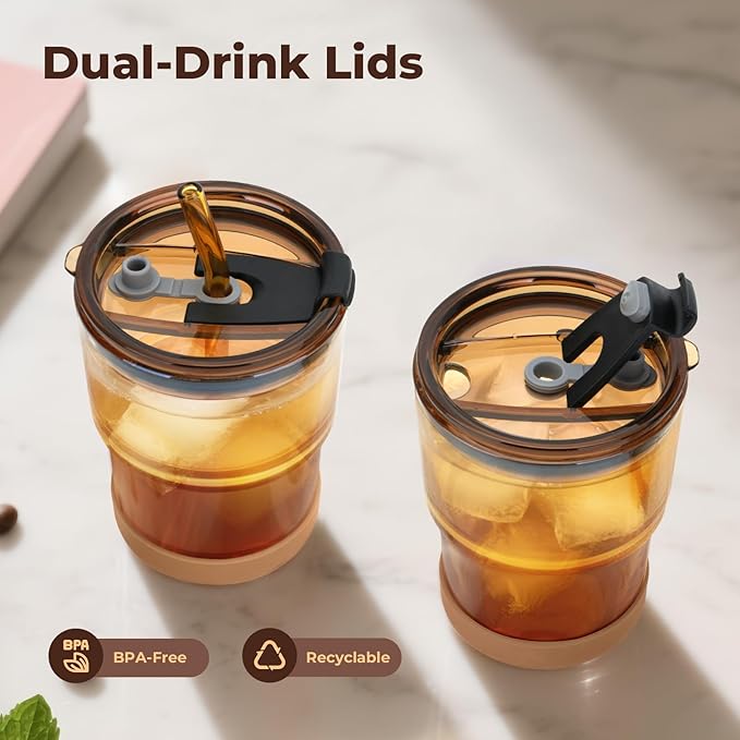 Zukro 13 oz Glass Iced Coffee Cups with Lid and Straw, Leak Proof Glass Tumbler for Ice Tea, Water, Non-Slip Silicone Bottom, Thick Wall Drinking Glasses for Home/Office, BPA Free, Amber & Shrimmer