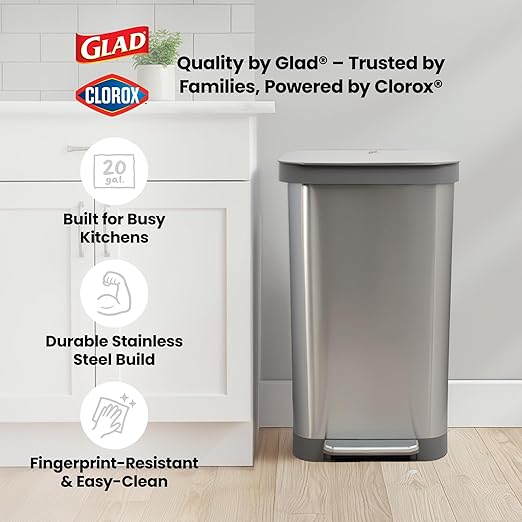 Glad Stainless Steel Step Trash Can, Series 2 with Clorox Protection - Large Metal Kitchen Garbage Bin with Soft Close Lid, Foot Pedal and Waste Bag Roll Holder, 13 Gallon