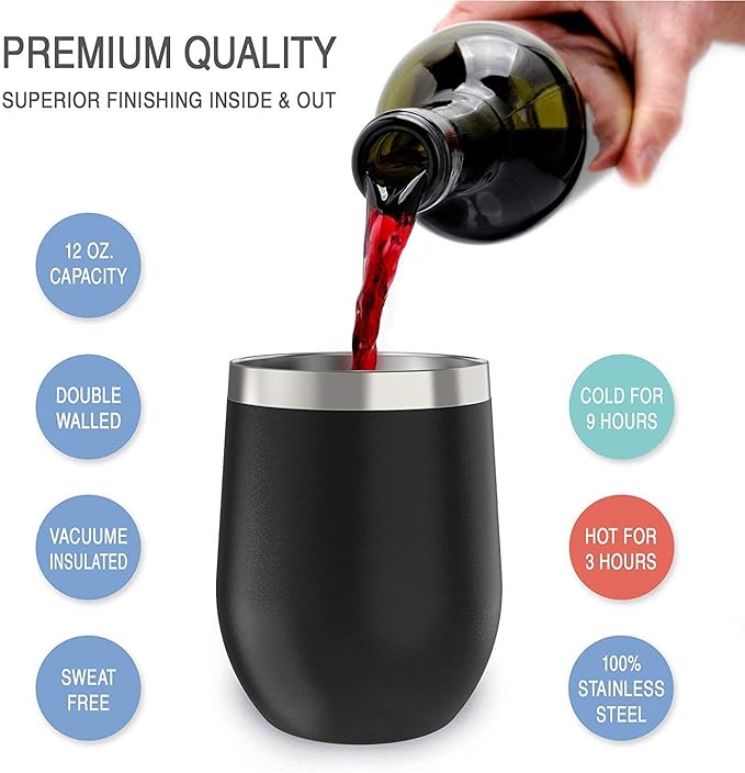 CHILLOUT LIFE 12 oz Stainless Steel Wine Tumblers 4 Pack - Double Wall Vacuum Insulated Wine Cups with Lids and Straws Set for Coffee, Wine, Cocktails - Powder Coated Black