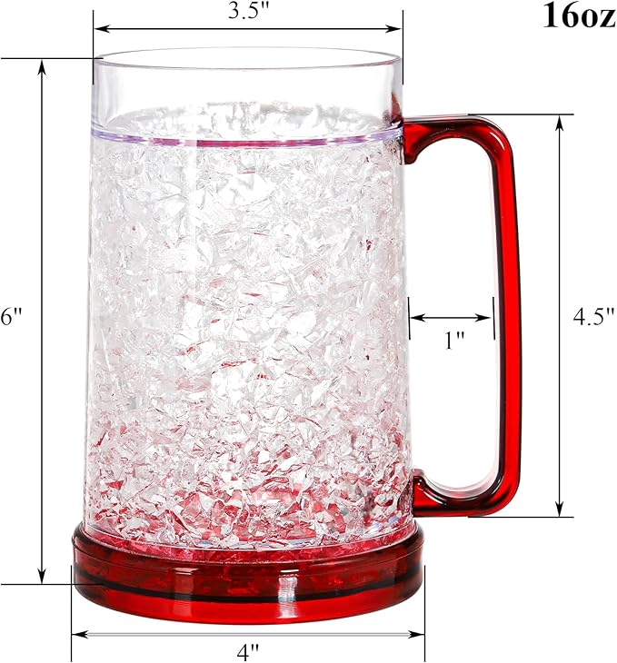 Fasmov Freezer Beer Mugs, 4 Pack Double Wall Gel Frosty Freezer Ice Mugs, Plastic Beer Mugs With Handles for Parties and Gifts, 16oz (Blue, Red, Orange and Green)