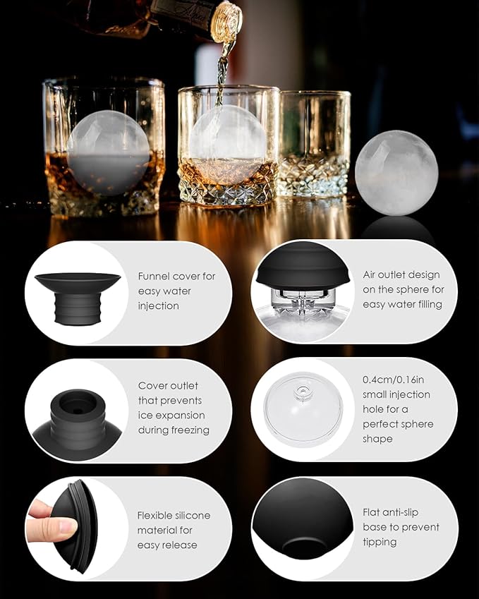 Large Ice Ball Molds for Whiskey & Cocktails with Funnel Lid - Big Sphere Ice Cube Trays for Drinks, Bourbon, and Wine, Silicone Round Ice Maker for Freezer (Set of 4) - Reusable Easy-Release Ice Tray