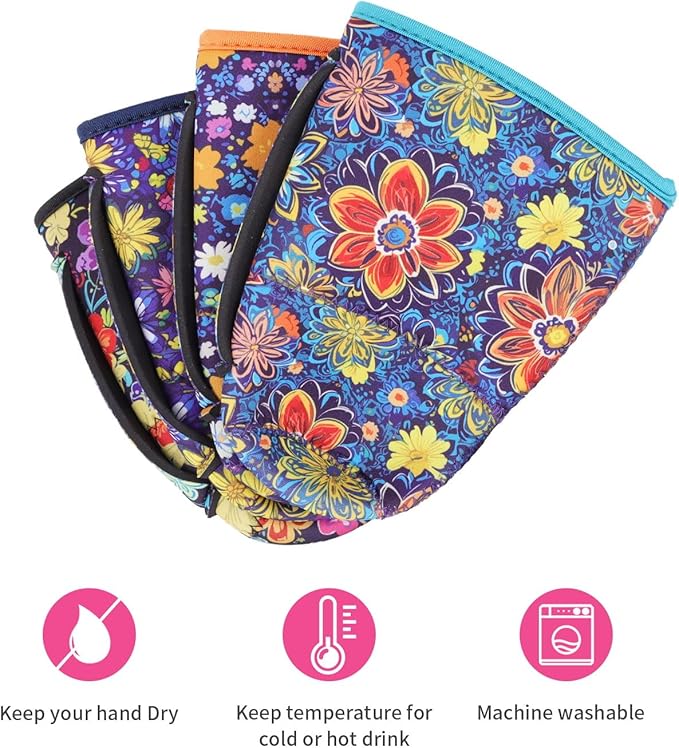 4Pack Reusable Iced Coffee Sleeve Insulator Sleeves for Cold Drinks Beverages, Neoprene Cup Holder for Most Coffee, Fits 30-32oz Large Cups (Abstract Flowers with Handle)