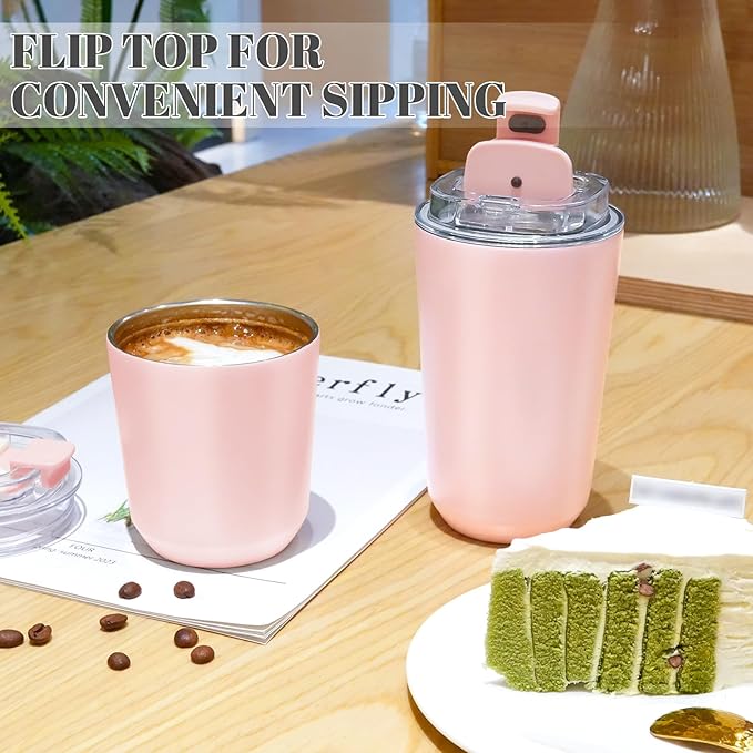 Puraville Insulated Tumblers with Lid, 14 oz Travel Coffee Mug Stainless Steel Vacuum Cup, Leak Proof Reusable Double Walled Coffee Tumbler for Iced and Hot Drinks, Pink