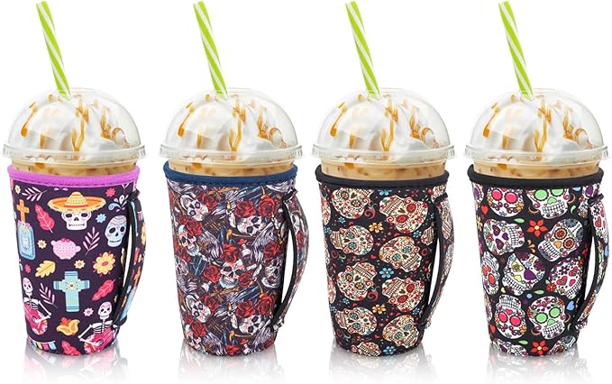 4Pack Reusable Iced Coffee Sleeve Insulator Sleeves for Cold Drinks Beverages, Neoprene Cup Holder for Most Coffee, Fits 22-24oz Medium Cups (Sugar Skull)