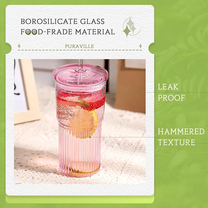 Puraville 2 Pack 20oz Glass Gups with lids and Straws, High borosilicate Reusable Iced Coffee Cup Tumbler, Leak Proof Driking Glass Mug for Water, Juices, Cocktails, Pink