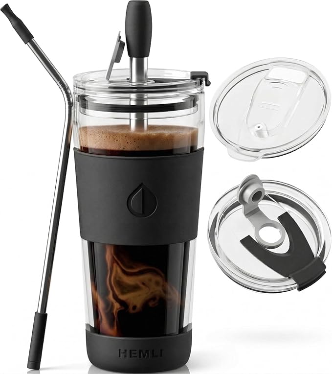 19 oz. Double Wall Glass Coffee Tumbler, To Go Travel Mug with Lid, Portable Glass Thermos with Straw, Reusable Cup, Tea, Smoothies, Ice Coffee, and Boba