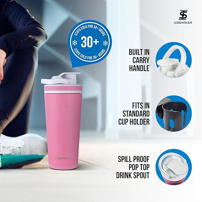 Ice Shaker Insulated Stainless Steel Shaker Bottle | 26oz, Pink | Cold for 30+ Hours | Insulated Cup with Twist-on Agitator | Odor-Free Bottle for Protein Shakes, Water, Smoothies, Cocktails