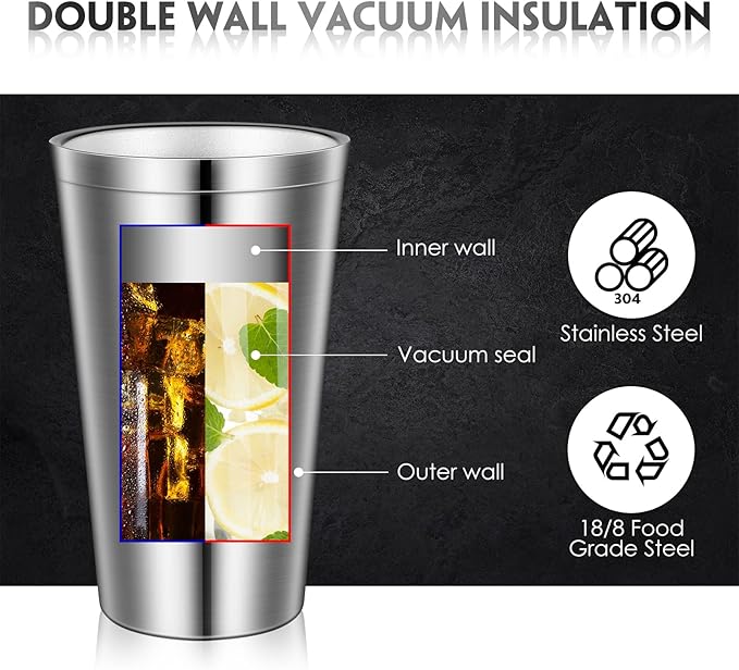 Zopeal Stainless Steel Cups 16 Oz, Double Wall Vacuum Pint Cup Tumbler, Stackable Metal Unbreakable Drinking Glasses for Home and Outdoor (Silver,4 Pcs)