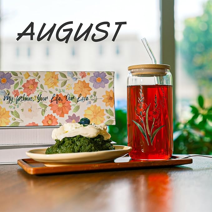 SUROQUE Birth Month Flower Iced Coffee Glass Cup 16oz Custom Tumbler Birthday Gifts Personalized Gifts for Women, Teachers, Bridesmaids, Birthdays, Mom, Valentines