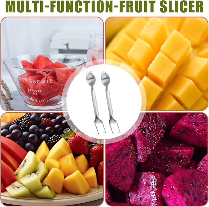 2 Pcs 2-in-1 Watermelon Fork Slicer Cutter, Stainless Steel Fruit Slicer Tool Multifunctional Portable Water Melon Cube Cutter Fruit Fork for Family Gathering Picnic Camping Home Kitchen Gadgets