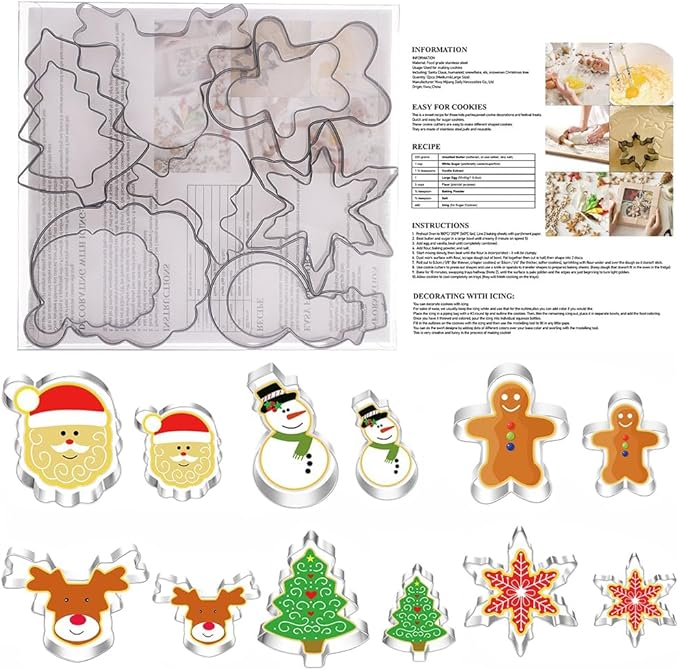 Large Christmas Cookie Cutters, 4" Holiday Sturdy Molds – Thickened Stainless Steel with Recipe Instruction – Snowman, Tree, Elk, Snowflake, Santa, Gingerbread – for Cookies, Sandwiches, Cake, Fruit