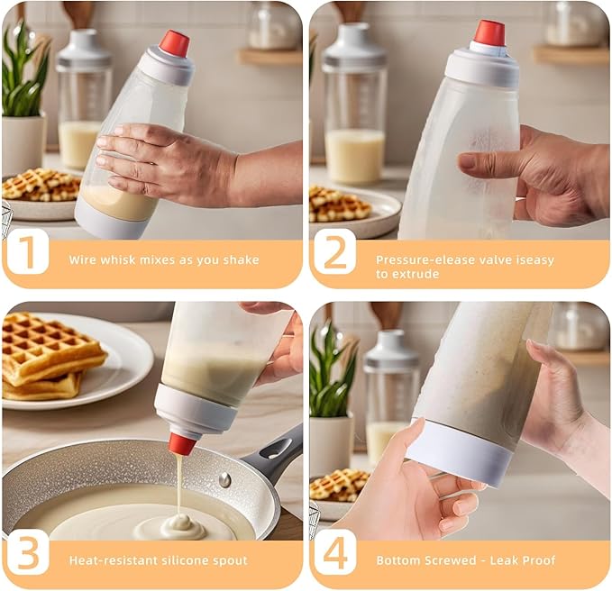 Pancake Batter Dispenser with stainless steel mixing ball, Pancake Shaker Batter Dispenser Bottle Baking Tool .Kitchen Batter Squeezer Bottle Suitable for Cupcakes, Pancakes, and Muffins (2pack)