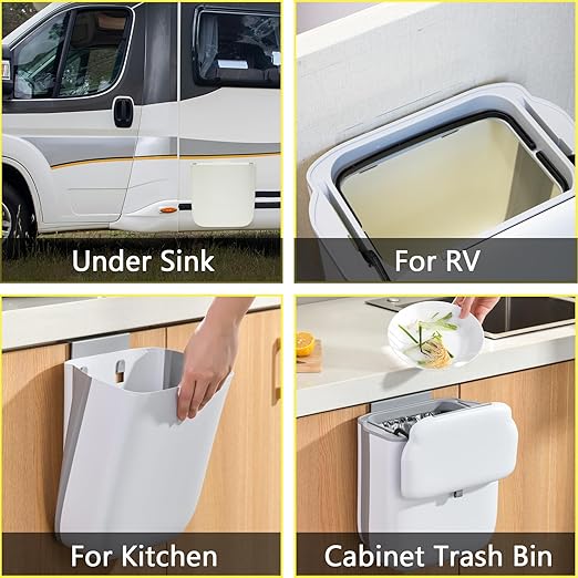 Soddeph 3.2 Gallon Collapsible Trash Bin with Lid for Hanging, Kitchen Waste Bin, Wall-Mounted Plastic Garbage Can for Counter, Under Sink, RV (Beige with lid)