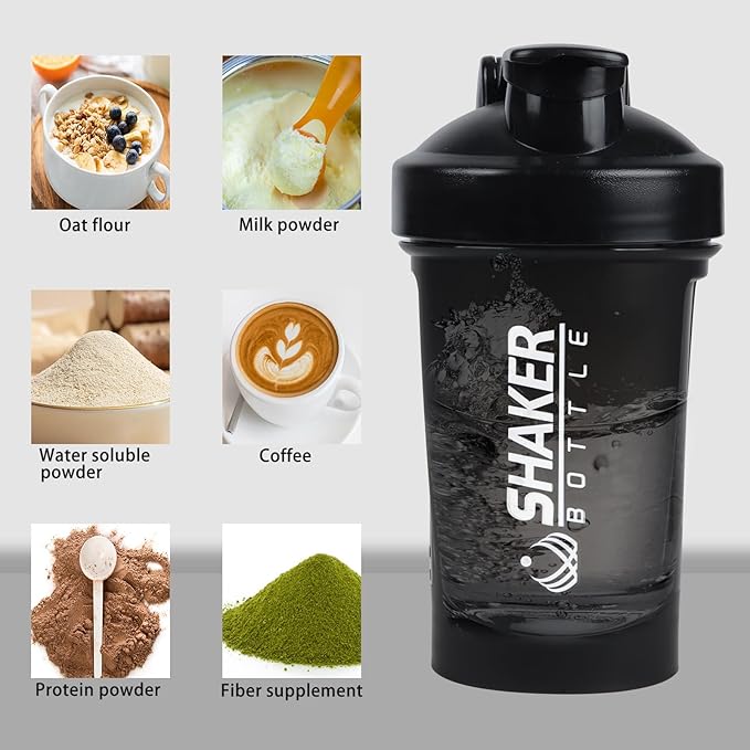 Shaker Bottle,400ml Small Protein Shaker Bottle with Mixing Ball, Portable 14oz GYM Shakes Cup for Workout,BPA free, 100% Leak Proof,Dishwasher Safe（Black）