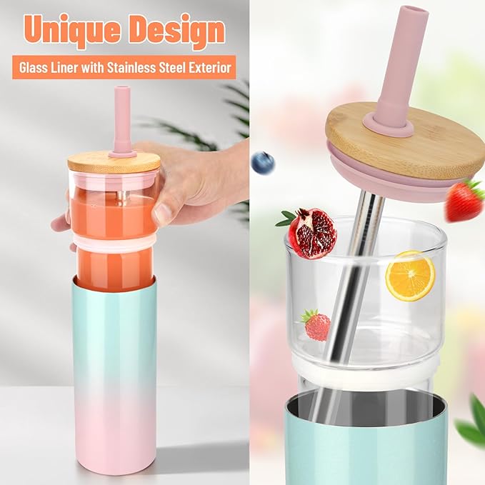 Tronco 20 oz Vacuum Insulated Glass Tumbler with Lid and Straw - Keeps Drinks Cold for 12 Hrs - Reusable Glass Cup for Iced Coffee, Smoothies & Boba - Sweat & BPA Free, Dishwasher Safe, Fit Car Holder