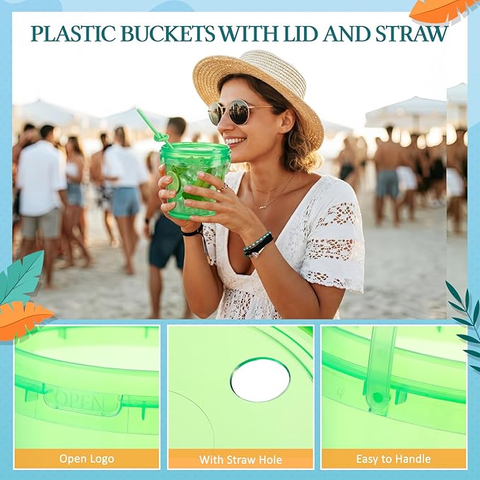 Funnymoom 72 Pack 25 oz Plastic Rum Buckets Bulks for Drinks with Straws Reusable Ice Cream Cocktail Cups Neon Party Bucket with Lids Handles Food Containers Cup for Summer Beach Bar Beer