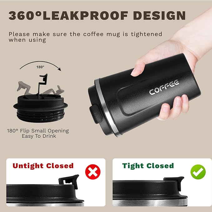 SPLMIFA Travel coffee mugs leak-proof, reusable coffee cups with lids, stainless steel vacuum insulated coffee tumblers, thermal insulation cups for men & women keep drinks hot & cold(2nd-Black, 12OZ)