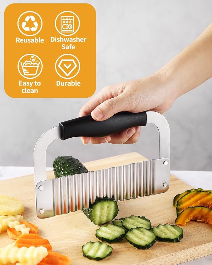 Crinkle Cutter Stainless Steel Potato Slicer Heavy Duty Wavy Crinkle Cutting Chopping Tools with Wooden Handle for Carrot Veggies (1, Black)