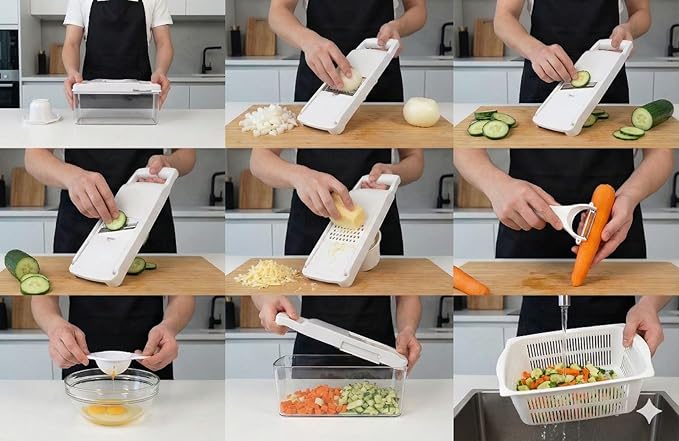 Kalmat Dynamics Food Chopper and Vegetable Slicer, 16-in-1 Multi-Function Kitchen Chopper with 7 Blades and Container, Free Black Cooking Apron (White + Black)