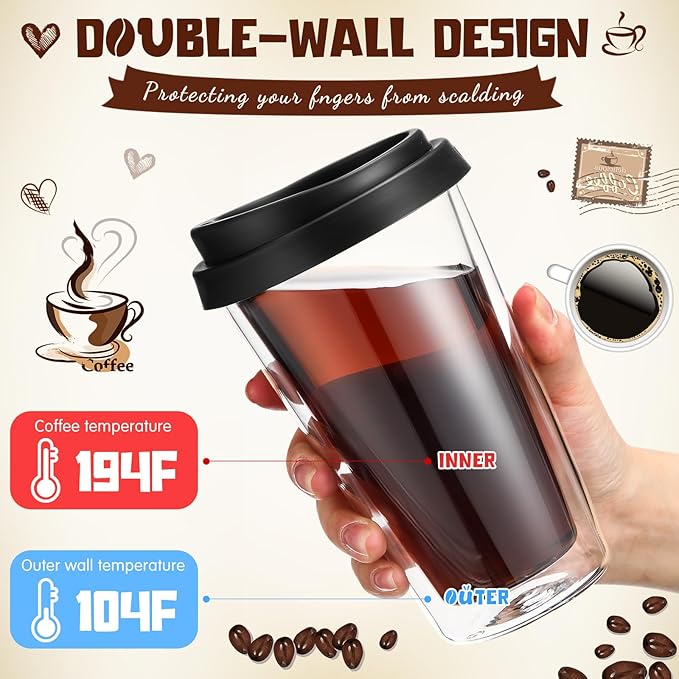 Honeydak 2 Pack 12 oz Double Walled Glass Coffee Mugs with Silicone Lids Clear Insulated Drinking Cups Reusable Glass Iced Coffee Cups for Home Office and Travel