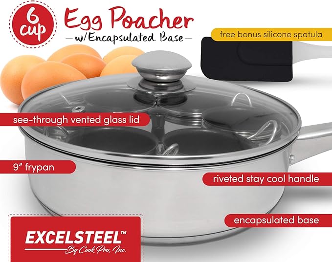 EXCELSTEEL Non Stick Easy Use Rust Resistant Home Kitchen Breakfast Brunch Induction Cooktop Egg Poacher, 6 Cup, Stainless Steel, Round
