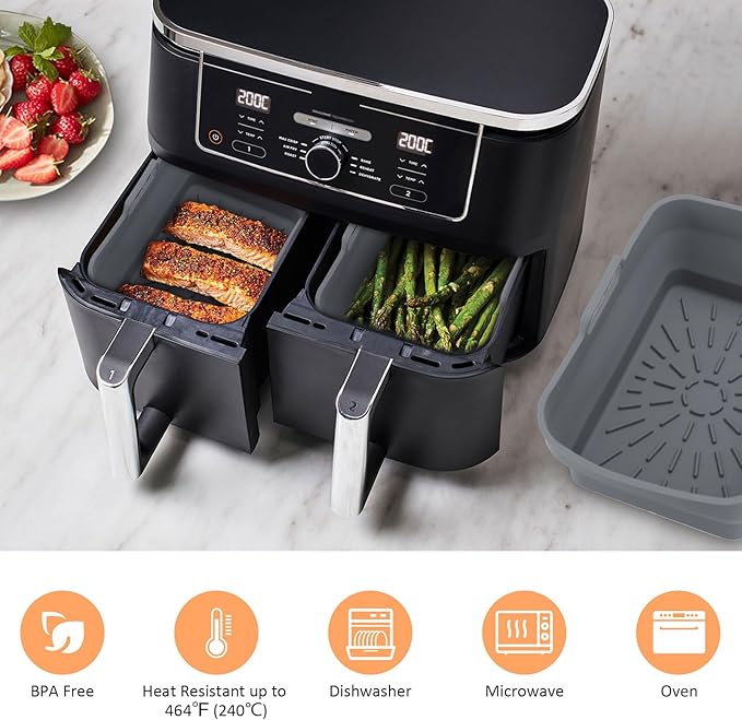 2Pcs Air Fryer Silicone Liners for Ninja SL401 /DZ201/ DZ401/ DZ550 8-10 QT, Reusable Liners for COSORI, Chefman, Instant Air Fryer, Silicone Air Fryer Basket Liners with Magnetic Cheat Sheet, Grey