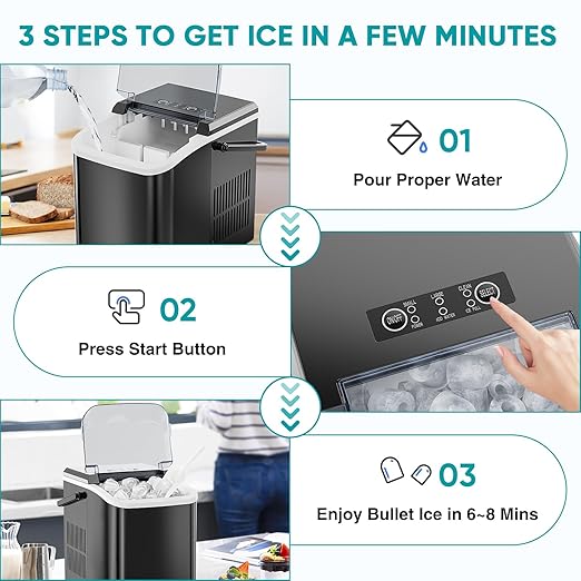 NEWBULIG Ice Makers Countertop with Handle, Portable Ice Machine, 9 Bullet Ice Cubes in 6 Mins, 26lbs in 24Hrs, Auto-Cleaning, with Basket and Scoop, for Home, Kitchen, RV, Camping,Black