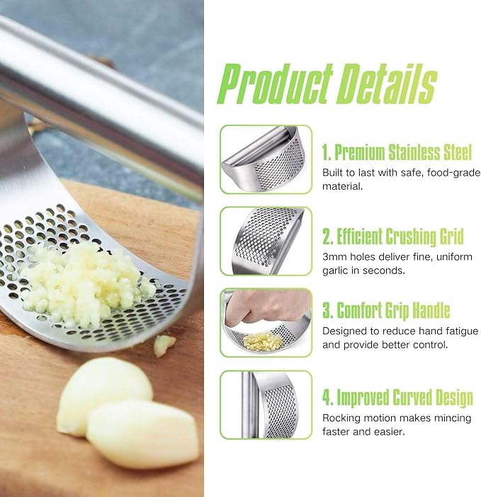 Stainless Steel Garlic Press Rocker with Bottle Opener, 304 Heavy Duty Garlic Mincer & Crusher Tool with Peeler and Cleaning Brush, Easy-Clean Garlic Chopper Kitchen Gadget
