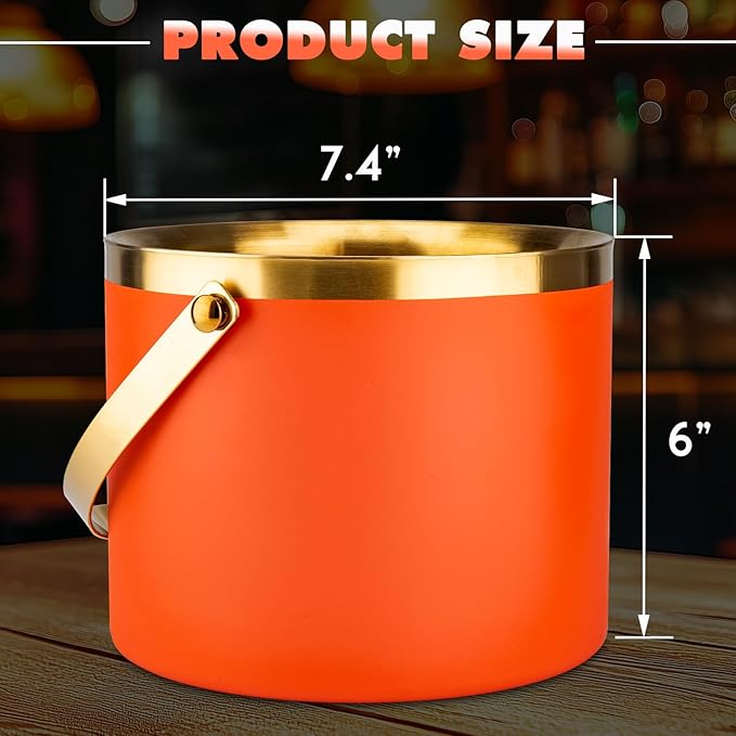 Ice Bucket, 3L Double-Wall Stainless Steel Insulated Ice Bucket With Lid and Ice-Tong, Ice-Buckets for Parties Home Bar, Chilling Beer, Champagne, Wine Bottle(Orange Gold)
