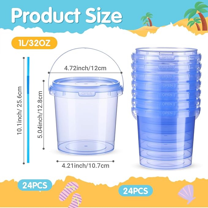 Funnymoom 24 Pack 32 oz Plastic Rum Buckets for Drinks with Straws Ice Cream Cocktail Bucket with Lids and Handles Reusable Food Containers Cup for Parties Summer Beach Bar Beer (Blue)