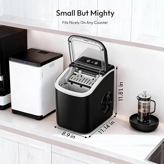 Small Portable Countertop Ice Maker, 26lbs/24H Ice Machine with Self-Cleaning, 6-8 Mins Fast Ice Making,Quiet Operation, Compact Ice Maker with Handle for Home Kitchen Camping RV (Black, 26lbs)